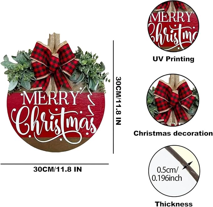 Merry Christmas Wreath Hanging Sign for Front Door, Wooden Welcome Wreaths Sign with Bow for Holiday Rustic Farmhouse Outdoor Wall Window Decor (Merry Christmas)