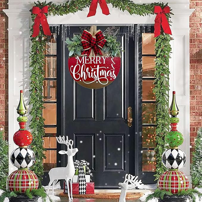 Merry Christmas Wreath Hanging Sign for Front Door, Wooden Welcome Wreaths Sign with Bow for Holiday Rustic Farmhouse Outdoor Wall Window Decor (Merry Christmas)