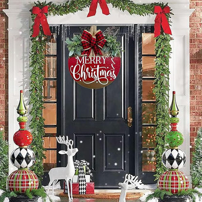 Merry Christmas Wreath Hanging Sign for Front Door, Wooden Welcome Wreaths Sign with Bow for Holiday Rustic Farmhouse Outdoor Wall Window Decor (Merry Christmas)