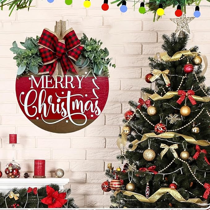 Merry Christmas Wreath Hanging Sign for Front Door, Wooden Welcome Wreaths Sign with Bow for Holiday Rustic Farmhouse Outdoor Wall Window Decor (Merry Christmas)