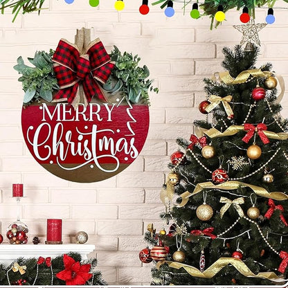 Merry Christmas Wreath Hanging Sign for Front Door, Wooden Welcome Wreaths Sign with Bow for Holiday Rustic Farmhouse Outdoor Wall Window Decor (Merry Christmas)