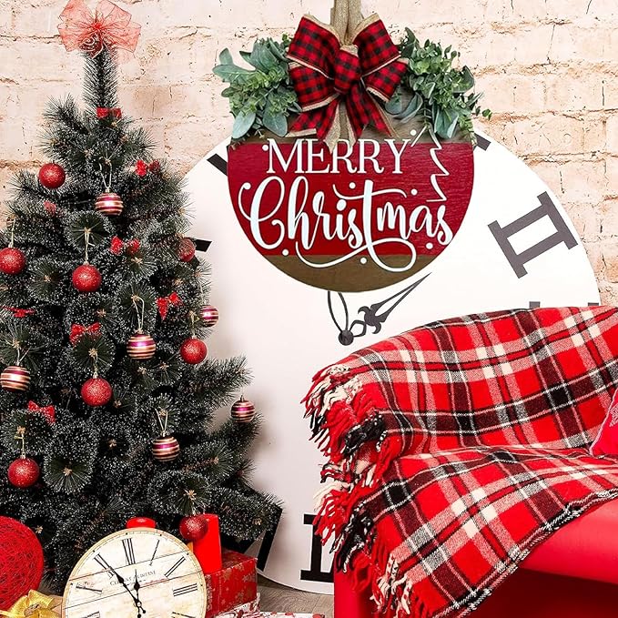 Merry Christmas Wreath Hanging Sign for Front Door, Wooden Welcome Wreaths Sign with Bow for Holiday Rustic Farmhouse Outdoor Wall Window Decor (Merry Christmas)