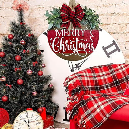 Merry Christmas Wreath Hanging Sign for Front Door, Wooden Welcome Wreaths Sign with Bow for Holiday Rustic Farmhouse Outdoor Wall Window Decor (Merry Christmas)